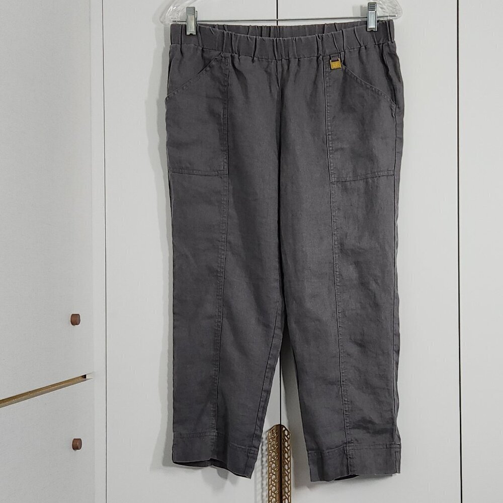 Ellen Tracy Linen Pants Size S Gray Capri Pockets Elastic Waist
